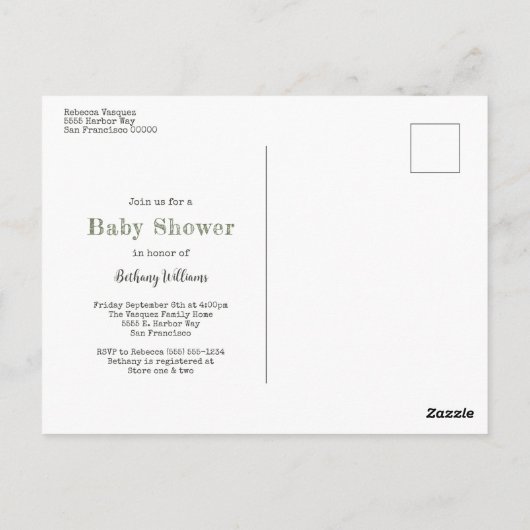 オーボーイベビーシャワーグリーン迷彩柄招待状 ポストカード (裏面)