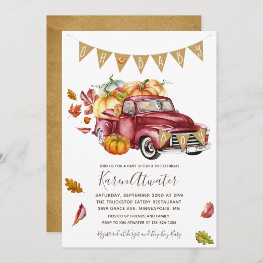 オーボーイリトルカボチャ秋ベビーシャワー招待状 招待状 (正面/裏面)