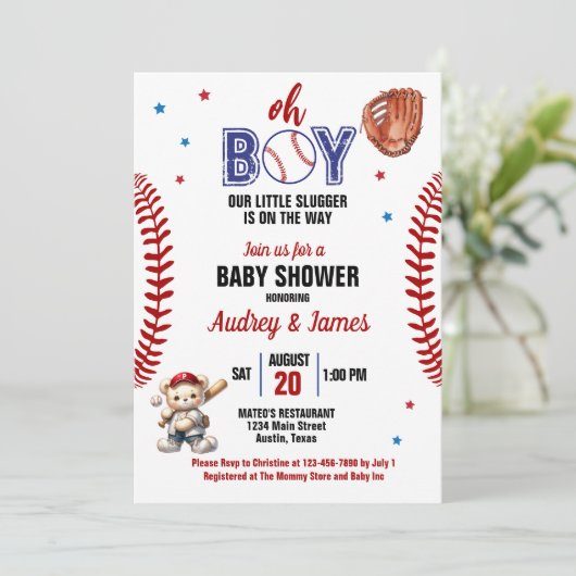 オーボーイリトルスラッガー野球テーマベビーシャワー 招待状 (スタンド正面)