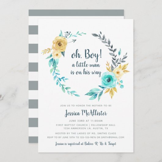 オーボーイリトルマンベビーシャワーグレー招待状 招待状 (正面/裏面)