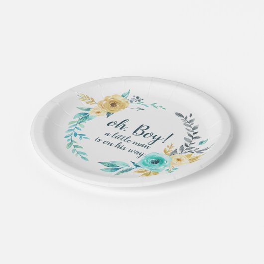 オーボーイリトルマンベビーシャワーブルーグレーリース ペーパープレート (アングル)