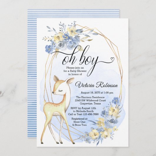 オーボーイ男の赤ちゃんディアベビーシャワー 招待状 (正面/裏面)