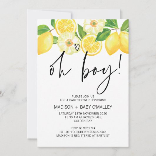 オーボーイ赤ちゃんシャワーパーティーサマーレモン 招待状 (正面)
