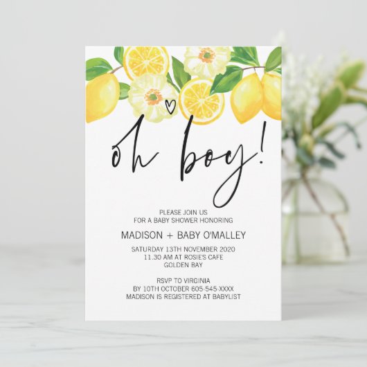 オーボーイ赤ちゃんシャワーパーティーサマーレモン 招待状 (スタンド正面)