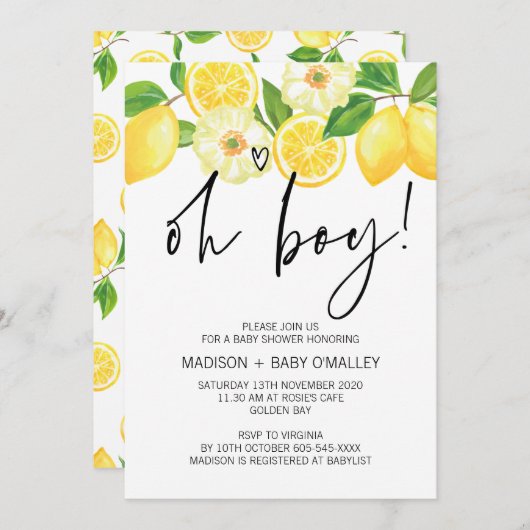 オーボーイ赤ちゃんシャワーパーティーサマーレモン 招待状 (正面/裏面)