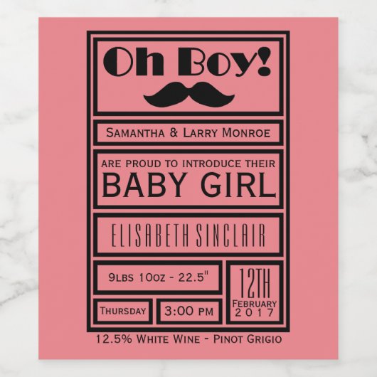 オーボーイ黒口ひげ新生児ガールアナウンス ワインラベル (シングルラベル)