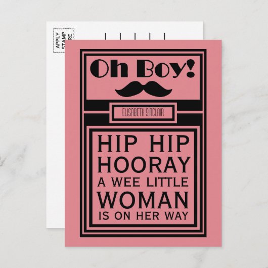 オーボーイ黒口ひげ新生児ガールアナウンス 案内ポストカード (正面/裏面)