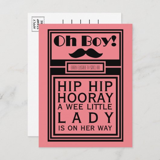 オーボーイ黒口ひげ新生児ガールアナウンス 案内ポストカード (正面/裏面)