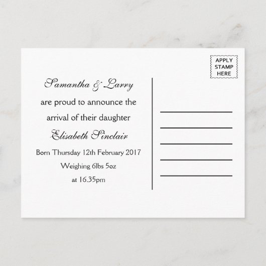 オーボーイ黒口ひげ新生児ガールアナウンス 案内ポストカード (裏面)