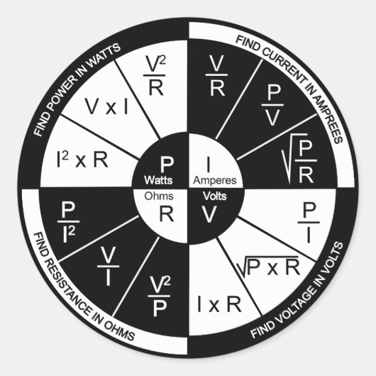 オームの法則ステッカー – 白黒 ラウンドシール (正面)