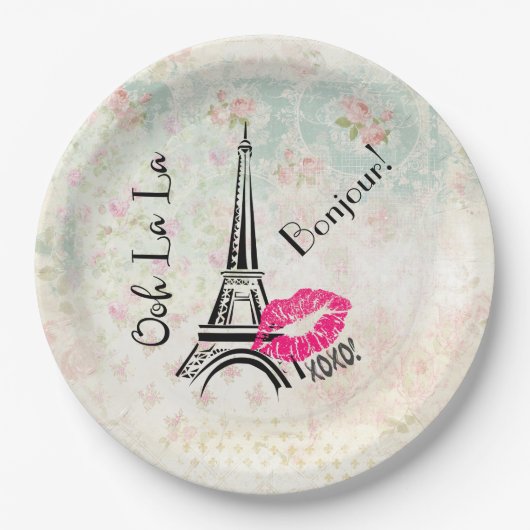オーラパリエッフェルタワーオンヴィンテージパターン ペーパープレート (正面)