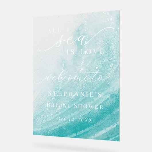 オールアイシーズラブ海ビーチティール(緑がかった色)ブライダルシャワー アクリルサイン (傾斜)