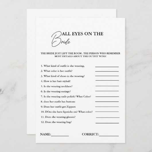 オールアイズオンザブライドブライダルシャワーゲームカード 案内状 (正面/裏面)