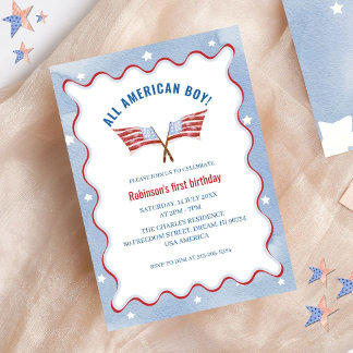 オールアメリカンボーイ4th 7月ウォーターカラー誕生日 招待状