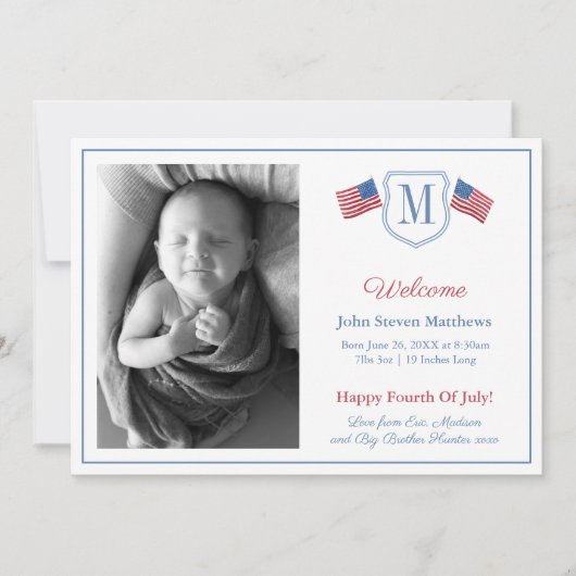 オールアメリカン4th Of 7月ウェルカム男の赤ちゃん誕生 案内状 (正面)