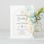 オールイエレガントンワン海ガラスティール（緑がかった色）金ゴールドリーフ結婚 招待状 (スタンド正面)