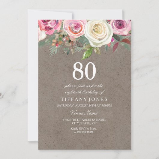 オールイヤーズヴィンテージホワイト&ピンクローズ誕生日 招待状 (正面)