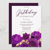 オールイヤーズ誕生日パーティパープル&金ゴールドフローラ 招待状 (正面/裏面)