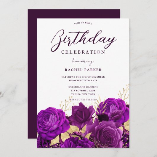オールイヤーズ誕生日パーティパープル&金ゴールドフローラ 招待状 (正面/裏面)