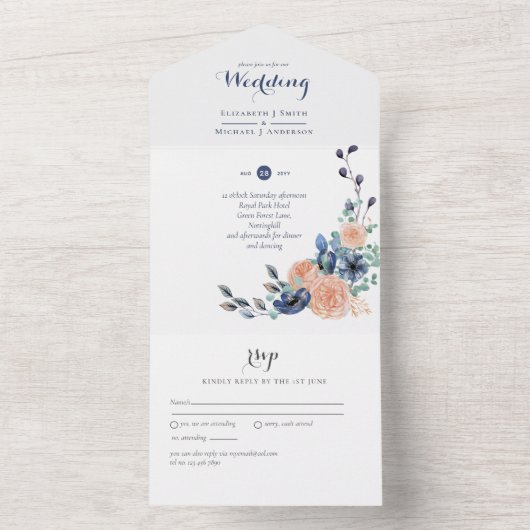 オールインクルーシブコーラルアンドブルー結婚式招待状 オールインワン招待状 (内側)