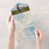 オールインクルーシブダスティブルークリームフォトウェディングRSVP オールインワン招待状 (貼ってはがせる)