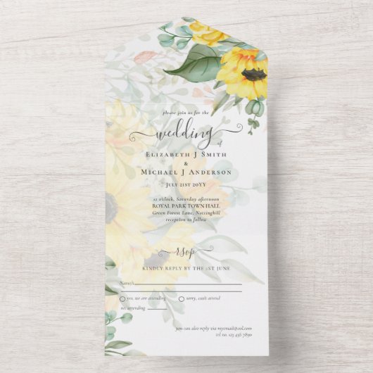 オールインクルーシブロマンチックサンフラワーウェディングRSVP オールインワン招待状 (内側)