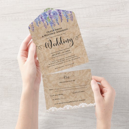 オールインクルーシブ素朴ウィステリアフローラレース結婚ズ オールインワン招待状 (貼ってはがせる)