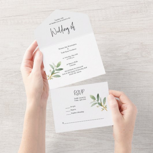 オールインワンのグリーナリー・ウォーターカラー招待状 オールインワン招待状 (貼ってはがせる)