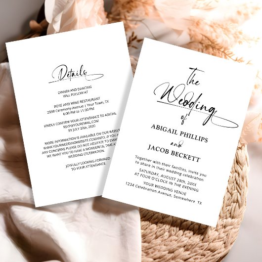 オールインワンのスタイリッシュでミニマルなブラック＆ホワイトの結婚式 招待状