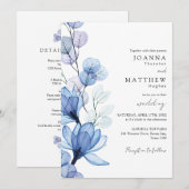 オールインワンのダスティーブルー透明フラワーウェディング 招待状 (正面/裏面)