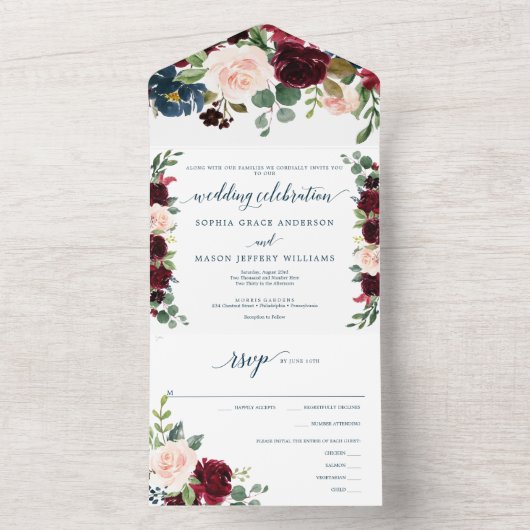 オールインワンのバーガンディ ネイビー ラスティック ウェディング 招待状 (内側)