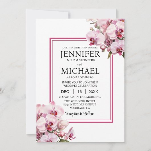 オールインワンのピンクの蘭の結婚式招待状 招待状 (正面)