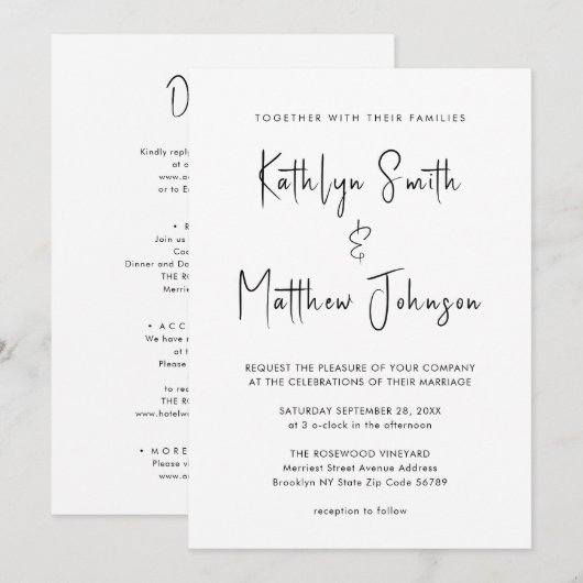 オールインワンのモダンスクリプトミニマルウェディング 招待状 (正面/裏面)