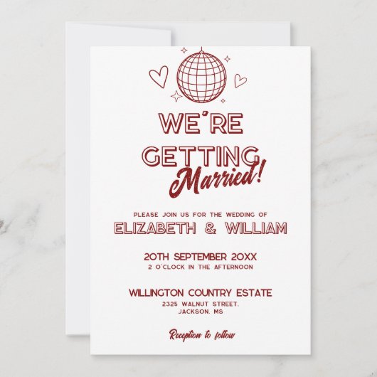 オールインワンのレッドレトロディスコグルーヴィーウェディング 招待状 (正面)