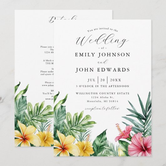 オールインワンの水彩トロピカルフラワーウェディング 招待状 (正面/裏面)