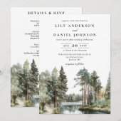 オールインワンの水彩湖の森のウェディング 招待状 (正面/裏面)