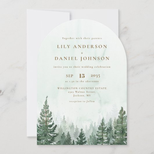 オールインワンの水彩画 松の森 ウェディングアーチ 招待状 (正面)