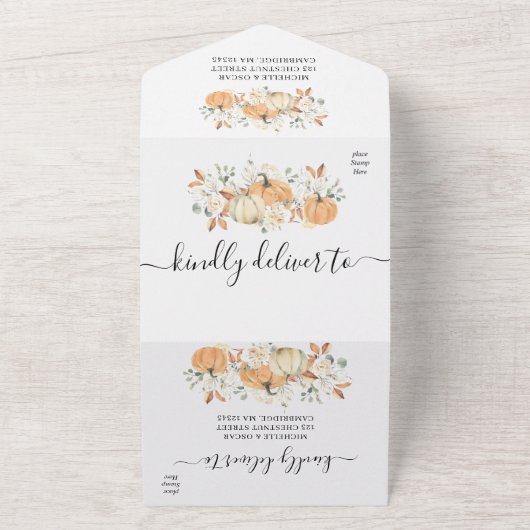 オールインワンの秋の結婚式 | ラスティックパンプキン オールインワン招待状 (外側)