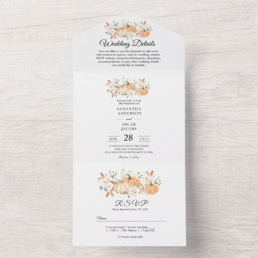 オールインワンの秋の結婚式 | ラスティックパンプキン オールインワン招待状 (内側)