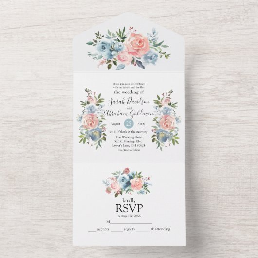 オールインワンの結婚式招待状 ピンク ブルー 花 オールインワン招待状 (内側)