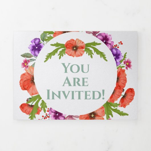 オールインワンの赤いポピー 紫 ピンクの花の結婚式 三つ折り招待状 (カバー)