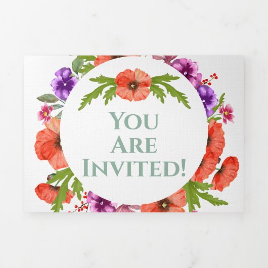 オールインワンの赤いポピー 紫 ピンクの花の結婚式 三つ折り招待状 (カバー)
