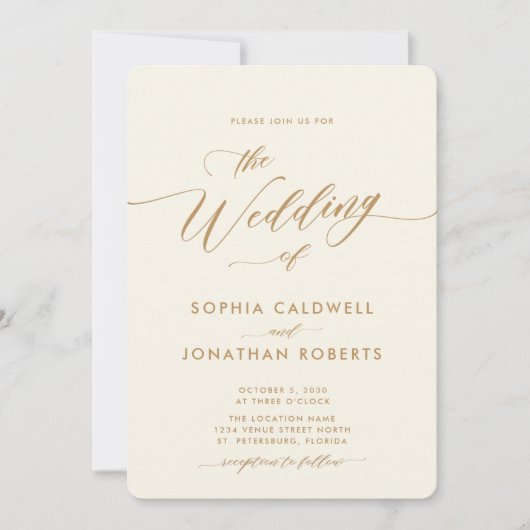 オールインワンの金ゴールドとクリーム結婚書 招待状 (正面)