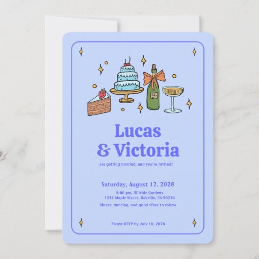 オールインワンはっきりしたラベンダーブルーお洒落QRコード 招待状 (正面)