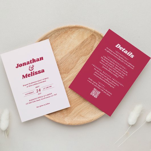 オールインワンはっきりしたレトロVivaマゼンタQRコー結婚ド 招待状