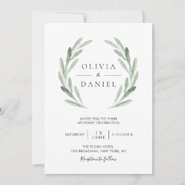 オールインワンウォータカラーオリーブの葉のリース結婚 招待状