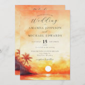オールインワンウォータカラービーチオレンジサンセット結婚ズ 招待状 (正面/裏面)