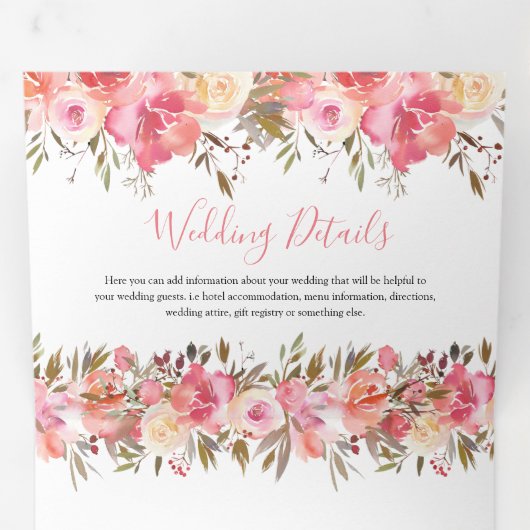 オールインワンウォータカラーピンクフローラ結婚 三つ折り招待状 (内部最初)