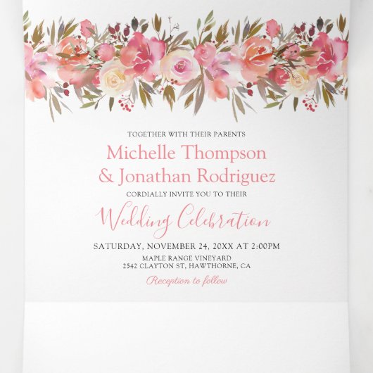 オールインワンウォータカラーピンクフローラ結婚 三つ折り招待状 (内部中)