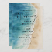 オールインワンウォーターカラーブルー海ビーチ結婚式 招待状 (正面/裏面)